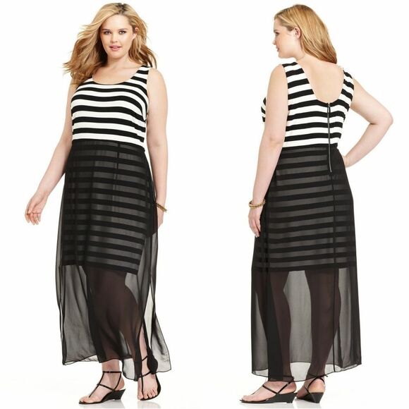 New! VINCE CAMUTO Chiffon Overlay Striped Plus Size Maxi Dress Black White - Picture 1 of 7